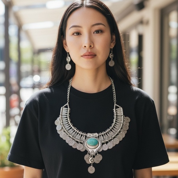 NWT Silver Coin Statement Necklace & Earrings Set with Turquoise Accent - Picture 12 of 14